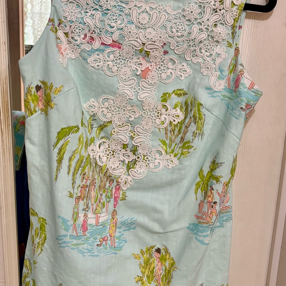 Lilly Pulitzer Original Aqua Dress with Tropical Print and Lace Detail
